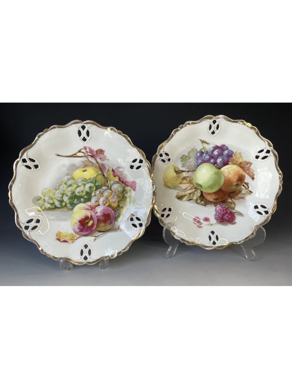 Pair of Antique Royal Rudolstadt Fruit Reticulated Porcelain Wall Cabinet Plates